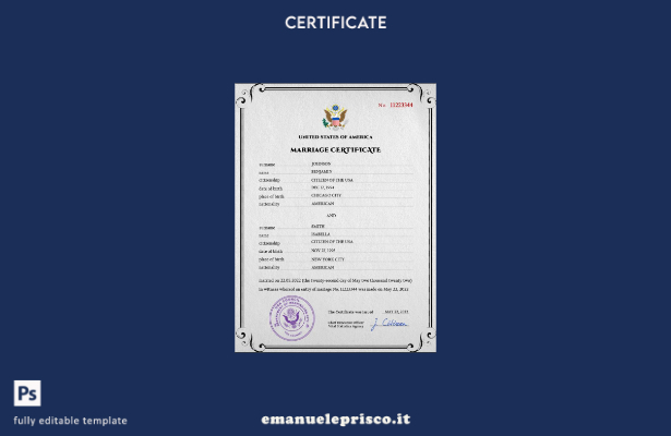 Modello PSD di certificato di matrimonio USA in stile verificato, modello